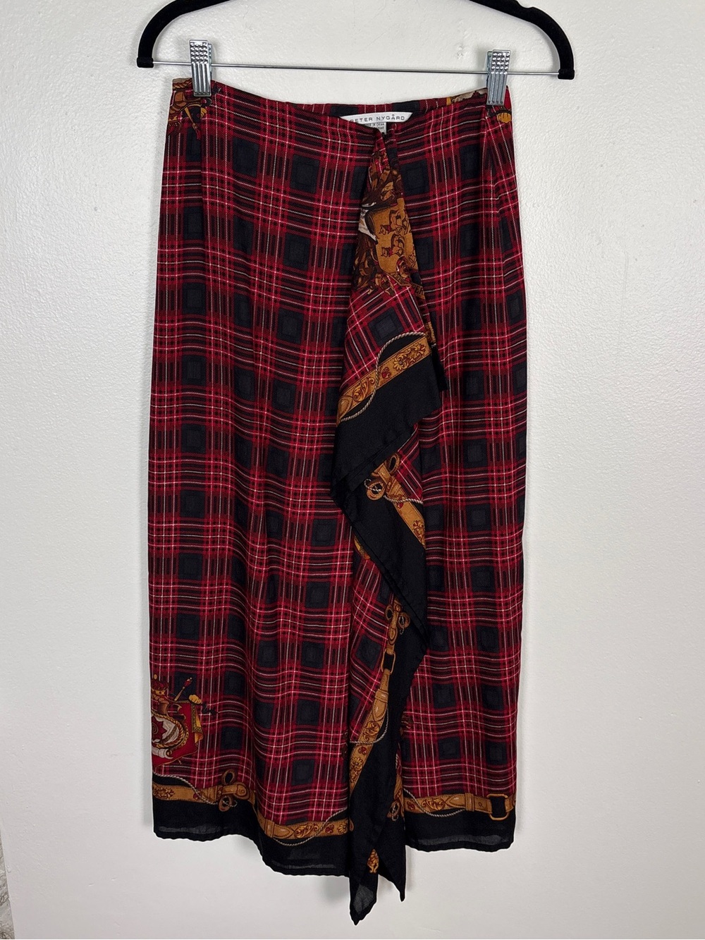 VTG 90s Peter Nygard Red and Black Plaid Midi Skirt with Scarf Detail